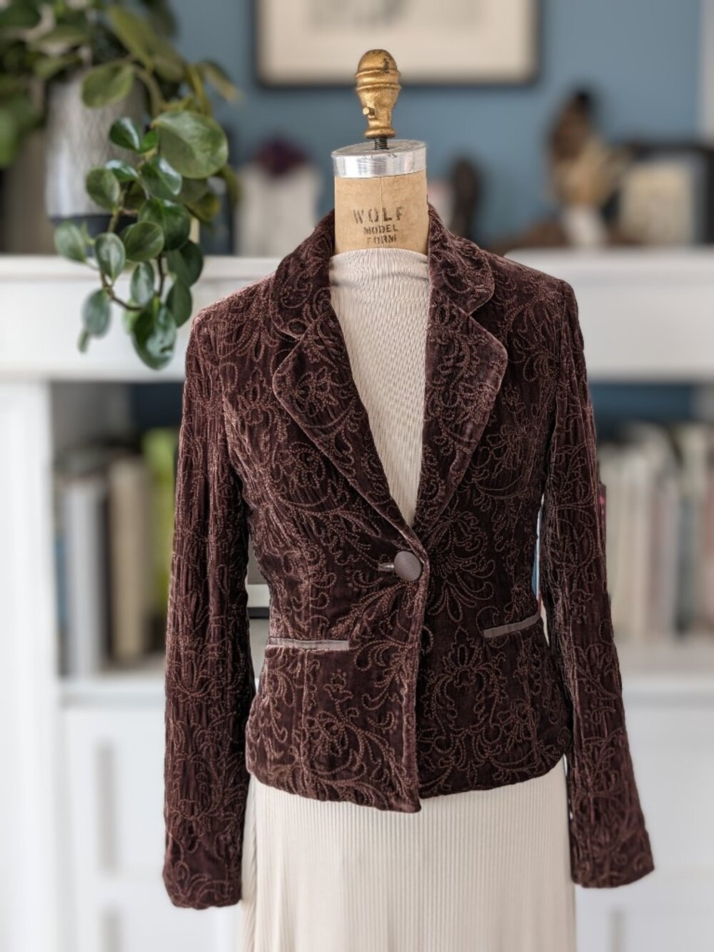 Silk Blend Velvet Brocade Blazer in deep plum